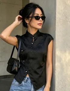 Detailansicht eines schwarzen Jacquard-Ärmellos-Tops mit Stehkragen und Perlenknöpfen.