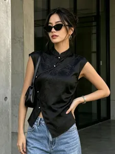 Top smanicato jacquard nero stile cinese colletto alto camicia donna vista principale