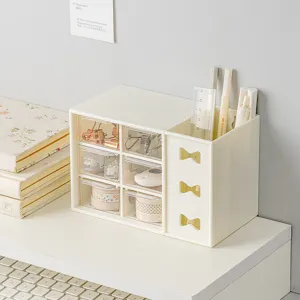 Caja de almacenamiento de escritorio de 6 rejillas con cajones, organizador de lazo escolar.