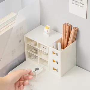 Organizador de escritorio con cajones y lapicero, linda caja de plástico para papelería.