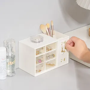 Organizador de escritorio blanco con cajones y portalápices, bonito diseño de lazo.