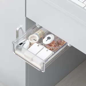 Clear plastic under-desk drawer organizer, hidden stationery storage box for office desk use