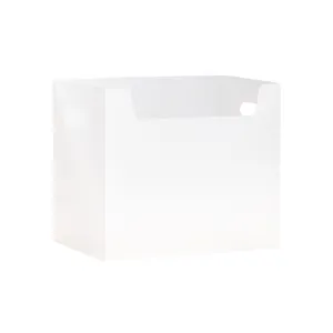 White plastic desktop storage box with handles for books and office supplies organization.