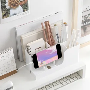 Multi-functional desktop organizer pen holder and phone stand for cute dorm and home use.