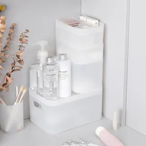 Transparent frosted stackable cosmetic storage box, plastic desktop organizer with lid for dorm