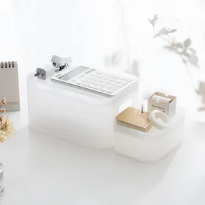 Transparent frosted plastic storage box with lid stackable desktop organizer bin for dorm.
