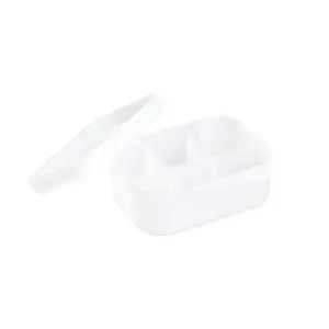 Transparent frosted plastic storage box with lid and compartments for desk organization.