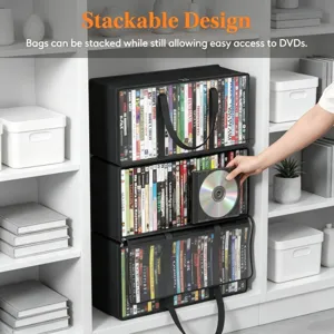 Dettaglio borsa porta CD DVD impilabile con finestra in PVC trasparente per organizzazione.