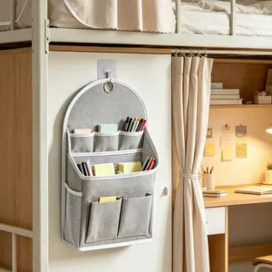 Grijze stoffen hangende opbergtas met meerlaagse zakken voor studentenkamer muur hoofdweergave
