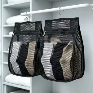 Hanging Mesh Sock Storage Bag Wardrobe Closet Organizer Breathable Nylon Mesh Hanging Pouch With Zipper Hook For Dormitory Home