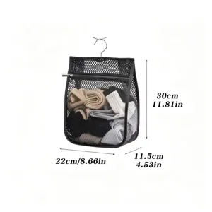 Hanging mesh sock storage bag for dorm wardrobe, breathable closet organizer with zipper.