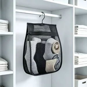 Hanging mesh sock storage bag for closet, breathable organizer for underwear and small items.