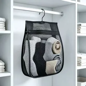 Hanging mesh sock organizer for wardrobe, black breathable storage bag with hook and zipper.