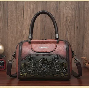 Vintage embossed leather shoulder handbag for women, retro crossbody top handle bag.