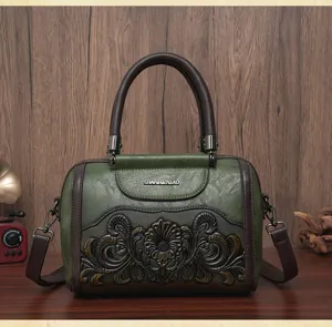 Vintage embossed women handbag retro green leather shoulder crossbody bag top handle