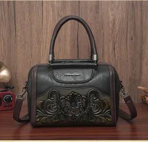 Retro embossed women shoulder bag detail, stylish PU leather crossbody handbag with hardware.