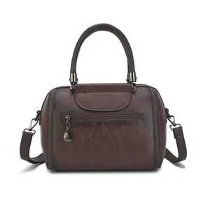 Detailed view of retro brown women handbag, PU leather texture, metal hardware & zipper.