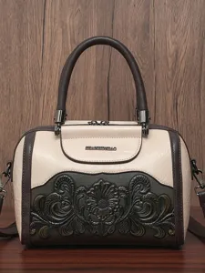 Vintage retro top handle shoulder bag with floral embossed design, chic two-tone PU leather bag.