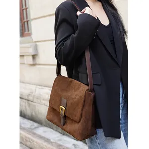 Genuine Leather Vintage Large Capacity Tote Bag For Women Soft Suede Commuter Shoulder Crossbody Bag