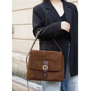 Vintage brown suede women shoulder bag retro casual crossbody tote commuting handbag