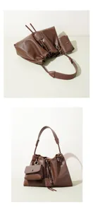 Brown ruched shoulder bag with small pouch, stylish vintage commuter handbag for women.
