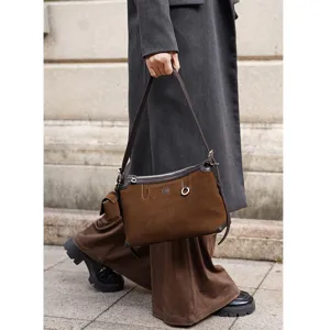 Vintage brown suede shoulder bag for women, retro underarm handbag, autumn winter fashion.