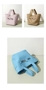 Detailed view showing genuine leather handbag hardware details and multiple color choices.