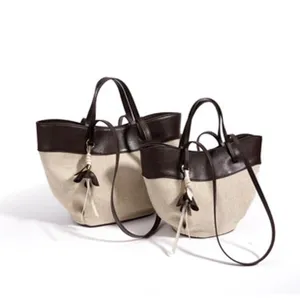 Bolso tote minimalista de lino estilo coreano, gran capacidad bolso de hombro informal.