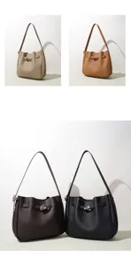 Bolso cubo de cuero genuino con cierre giratorio clásico, bolso de hombro versátil.
