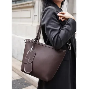 Bolso Tote de Cuero Genuino para Mujer Gran Capacidad Bolso de Hombro Casual Vintage con Colgante
