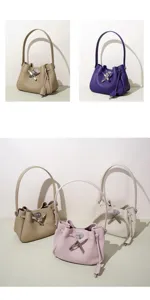 Premium genuine leather bucket bag detail view showcasing elegant metal lock closure and texture.