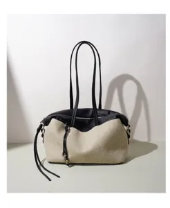 Sac a main Boston en toile et cuir grand sac cabas de epaule decontracte pour femme