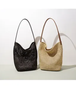 Woven bucket shoulder bag large capacity beach handbag summer casual straw tote purse for women