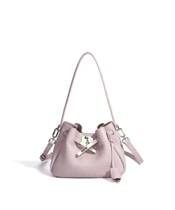 Detailed view of the elegant light purple leather bucket bag featuring chic metal lock and strap.