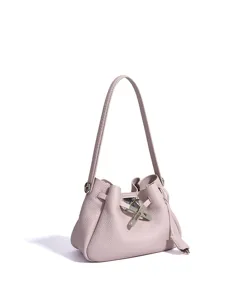Elegant pink leather shoulder bucket bag with unique metal clasp for women daily use.