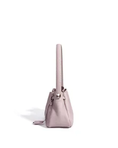 Minimalist genuine leather bucket bag detail view, elegant light purple shoulder bag design.
