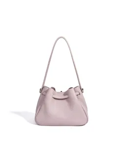 Minimalist leather shoulder bucket bag in lavender, elegant everyday purse for women.
