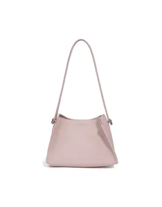 Minimalist leather shoulder bag detail, elegant pale pink bucket bag for daily wear.
