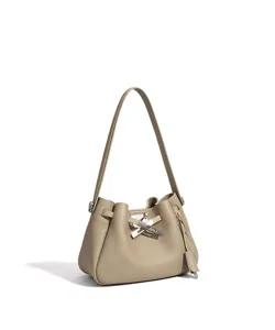 Elegant leather shoulder bucket bag with stylish metal clasp closure for women daily fashion use.