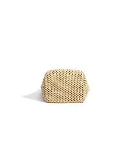 Detailed close-up shot of the beige woven mesh texture for the stylish summer beach cosmetic bag.