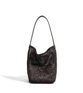 Dark brown woven shoulder bag detail, mesh beach bucket handbag, summer casual design.