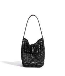 Black woven mesh shoulder bucket bag detail view, casual summer beach handbag style.