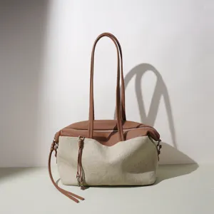 Sac Boston Grande Capacité pour Femmes Sac à Bandoulière Patchwork Décontracté Cuir PU et Toile Chic Sac à Main Quotidien