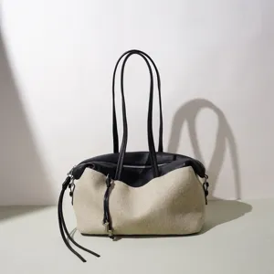 Sac bandoulière boston en lin et coton patchwork minimaliste grand cabas fourre-tout tendance