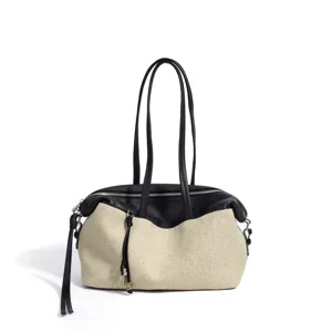 Sac Boston En Toile Et Cuir Grande Capacite Decontracte Sac Bandouliere Pour Femme