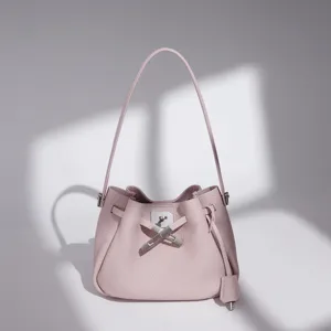 Women Genuine Leather Bucket Bag Luxury Designer Style Crossbody Handbag Minimalist Metal Lock Shoulder Bag