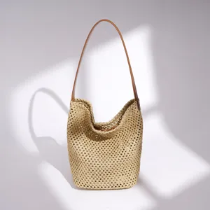 Women Woven Straw Bucket Bag Top Layer Cowhide Leather Shoulder Bag Large Capacity Casual Beach Vacation Handbag