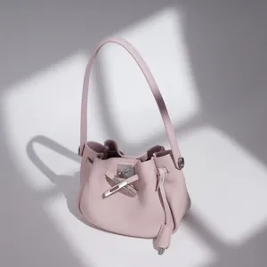 Elegant pink leather shoulder bucket bag with stylish silver hardware, perfect for daily wear.