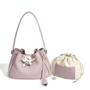Elegant leather bucket bag with shoulder strap and stylish metal clasp design for women.