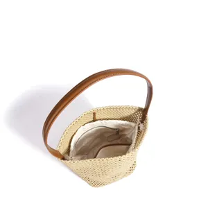Woven straw bucket bag for women summer beach vacation top layer cowhide shoulder bag